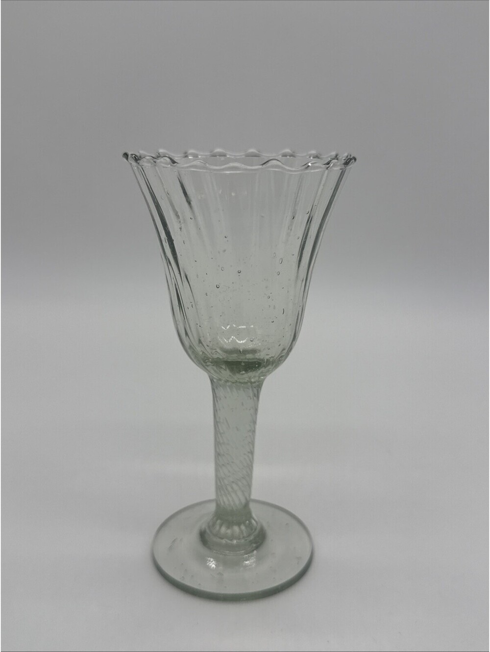 Vintage Hand Blown Seeded Glass Goblet Wine Chalice Spiral Twist Stem Ruffled